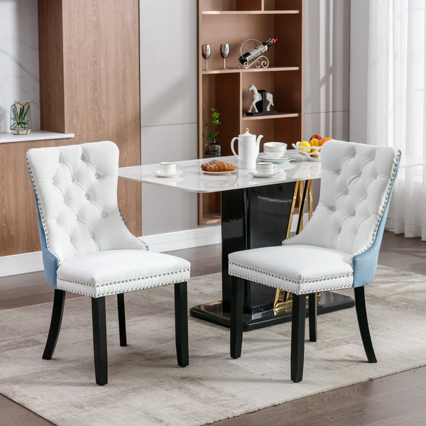 English Elm A&A Modern Nikki Tufted Dining Chairs Set of 2 — White PU & Light Blue Velvet, Nailhead Trim, Solid Wood W1143111918