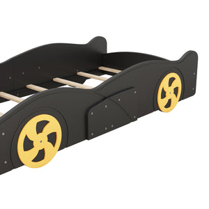 English Elm Twin Race Car-Shaped Platform Bed with Wheels, Built-In Storage & Safety Rails for Kids Black WF305759AAB