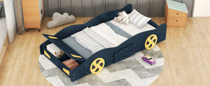 English Elm Twin Race Car-Shaped Platform Bed with Wheels, Built-In Storage & Safety Rails for Kids Dark Blue WF305759AAC