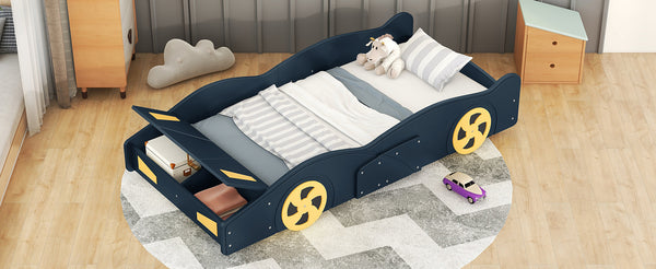 English Elm Twin Race Car-Shaped Platform Bed with Wheels, Built-In Storage & Safety Rails for Kids Dark Blue WF305759AAC