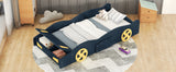 Hearth and Haven Race Car Shaped Twin Bed with Wheels and Storage, Dark Blue and Yellow WF305759AAC