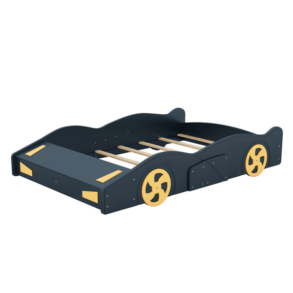 English Elm Full Full Size Race Car-Shaped Platform Bed with Wheels, Built-In Storage, Safety Rails, 400lb Capacity Dark Blue WF305760AAC