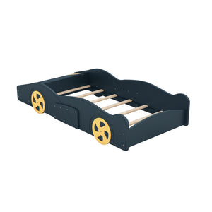 English Elm Twin Race Car-Shaped Platform Bed with Wheels, Built-In Storage & Safety Rails for Kids Dark Blue WF305759AAC