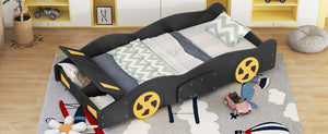 English Elm Twin Race Car-Shaped Platform Bed with Wheels, Built-In Storage & Safety Rails for Kids Black WF305759AAB