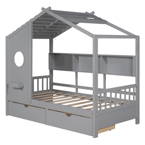 English Elm Wooden Twin House Bed with Roof, 2 Drawers & Back Shelf — Gray Kids Play Bed with Storage HL000051AAE