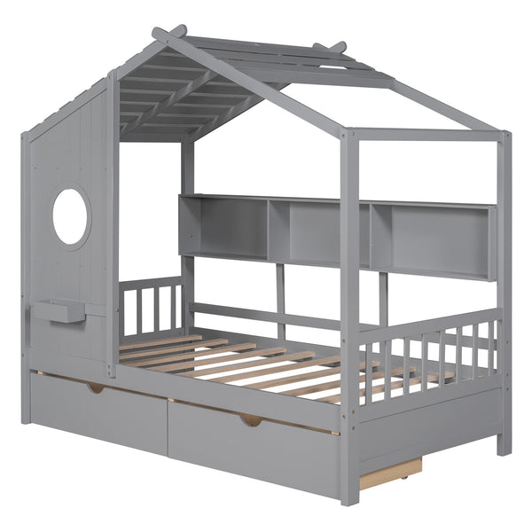 English Elm Wooden Twin House Bed with Roof and Built-In Shelf Plus Two Underbed Drawers for Kids Playful Retreat Gray 41.65 L x 18.25 W x 6 H N733S308483E