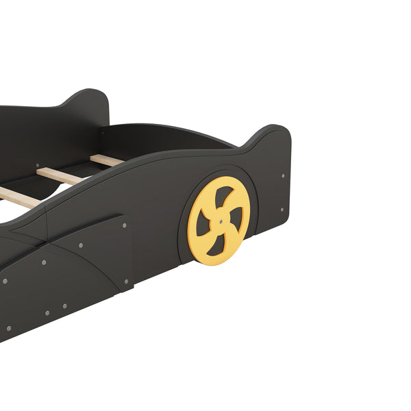 English Elm Twin Race Car-Shaped Platform Bed with Wheels, Built-In Storage & Safety Rails for Kids Black WF305759AAB