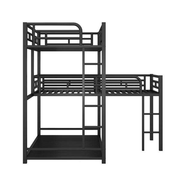 English Elm L-shaped Metal Triple Bunk Bed with Guardrails for Kids Shared Rooms in Matte Black N7090000605B