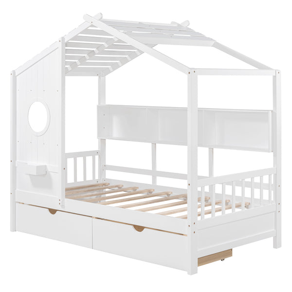 English Elm Wooden Twin House Bed with Roof and Built-In Shelf Plus Two Underbed Drawers for Kids Playful Retreat White 41.65 L x 18.25 W x 6 H N733S308483K