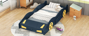 English Elm Twin Race Car-Shaped Platform Bed with Wheels, Built-In Storage & Safety Rails for Kids Dark Blue WF305759AAC