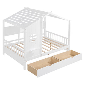 English Elm Wooden Full Size House Bed with Roof and Built-In Shelf, 2 Underbed Drawers, Sturdy Pine Frame 78" L White 57 L x 18.2 W x 6 H N733S308487K