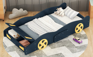 English Elm Twin Race Car-Shaped Platform Bed with Wheels, Built-In Storage & Safety Rails for Kids Dark Blue WF305759AAC
