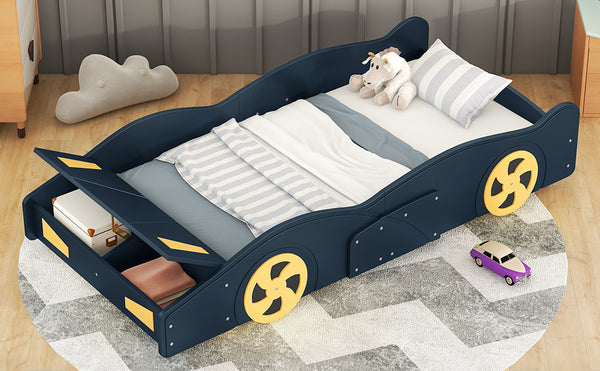 English Elm Twin Race Car-Shaped Platform Bed with Wheels, Built-In Storage & Safety Rails for Kids Dark Blue WF305759AAC