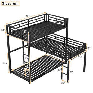 English Elm L-shaped Metal Triple Bunk Bed with Guardrails for Kids Shared Rooms in Matte Black N7090000605B