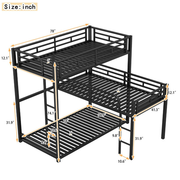English Elm L-shaped Metal Triple Bunk Bed with Guardrails for Kids Shared Rooms in Matte Black N7090000605B