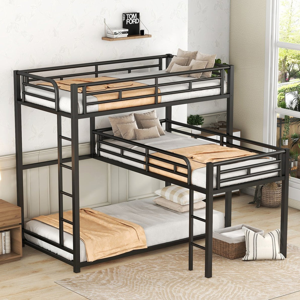 English Elm L-shaped Metal Triple Twin Bunk Bed Black with Integrated Ladder, Full-Guardrails, Metal Slats, No Box Spring Needed MF285891AAB