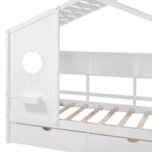 English Elm Wooden Twin House Bed with Roof and Built-In Shelf Plus Two Underbed Drawers for Kids Playful Retreat White 41.65 L x 18.25 W x 6 H N733S308483K