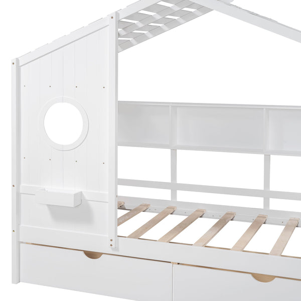 English Elm Wooden Twin House Bed with Roof and Built-In Shelf Plus Two Underbed Drawers for Kids Playful Retreat White 41.65 L x 18.25 W x 6 H N733S308483K