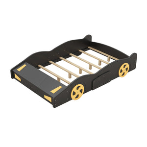 Hearth and Haven Race Car Shaped Full Bed with Wheels and Storage, Black and Yellow