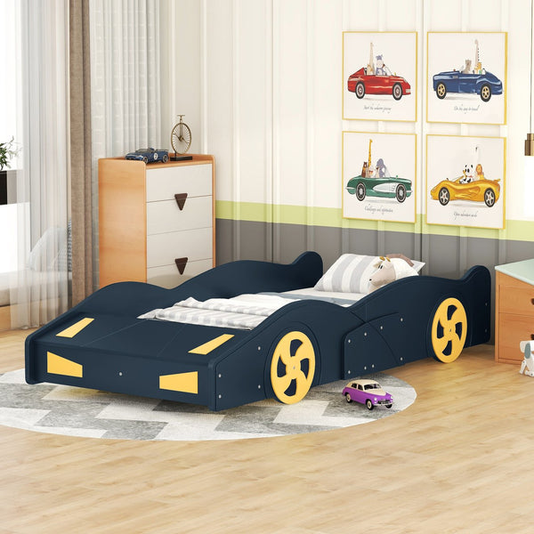 English Elm Twin Race Car-Shaped Platform Bed with Wheels, Built-In Storage & Safety Rails for Kids Dark Blue WF305759AAC