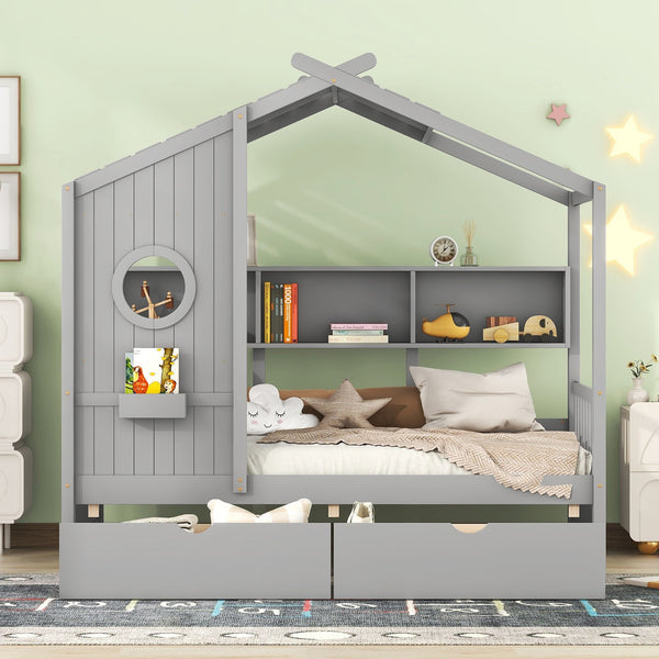 English Elm Wooden Twin House Bed with Roof and Built-In Shelf Plus Two Underbed Drawers for Kids Playful Retreat Gray 41.65 L x 18.25 W x 6 H N733S308483E