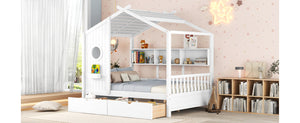 English Elm Wooden Full Size House Bed with Roof and Built-In Shelf, 2 Underbed Drawers, Sturdy Pine Frame 78" L White 57 L x 18.2 W x 6 H N733S308487K