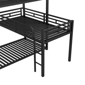 English Elm L-shaped Metal Triple Twin Bunk Bed Black with Integrated Ladder, Full-Guardrails, Metal Slats, No Box Spring Needed MF285891AAB