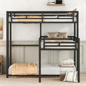 English Elm L-shaped Metal Triple Twin Bunk Bed Black with Integrated Ladder, Full-Guardrails, Metal Slats, No Box Spring Needed MF285891AAB
