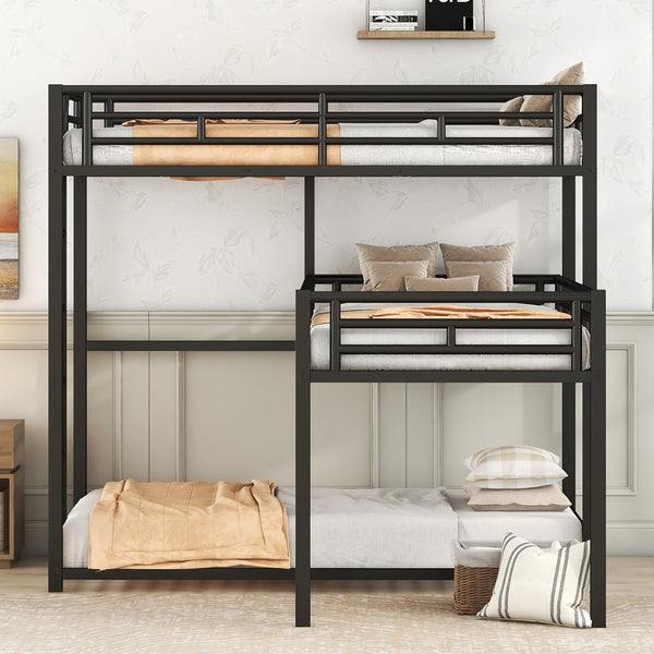 English Elm L-shaped Metal Triple Twin Bunk Bed Black with Integrated Ladder, Full-Guardrails, Metal Slats, No Box Spring Needed MF285891AAB