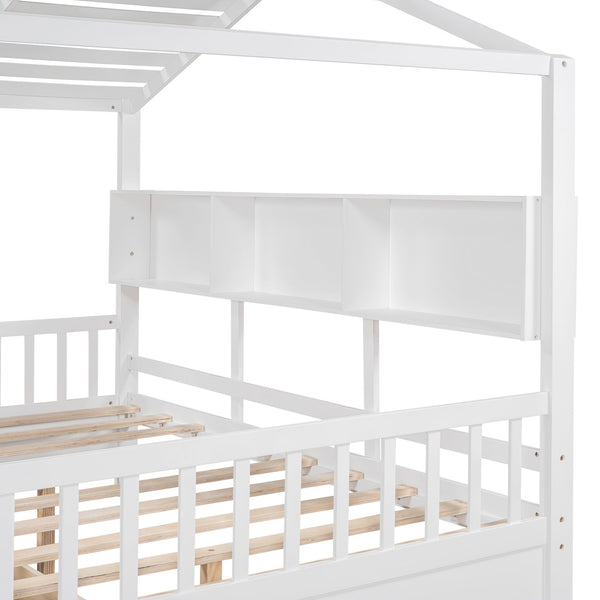 English Elm Wooden Full Size House Bed with Roof and Built-In Shelf, 2 Underbed Drawers, Sturdy Pine Frame 78" L White 57 L x 18.2 W x 6 H N733S308487K