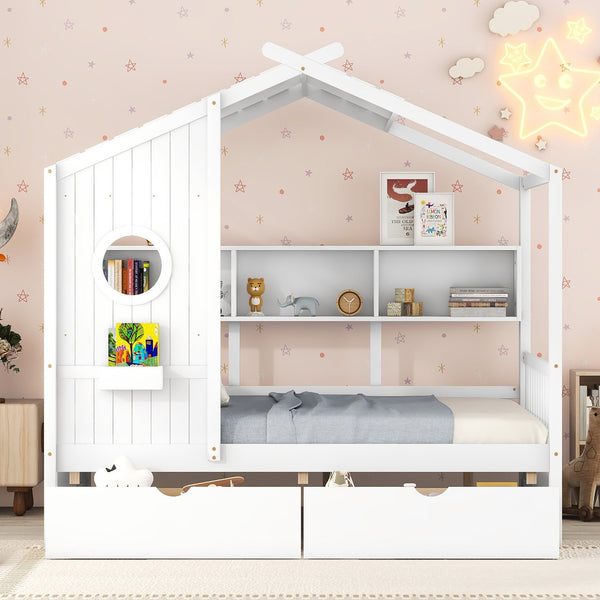 English Elm Wooden Full Size House Bed with Roof and Built-In Shelf, 2 Underbed Drawers, Sturdy Pine Frame 78" L White 57 L x 18.2 W x 6 H N733S308487K