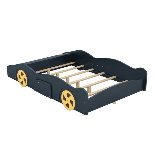 English Elm Full Full Size Race Car-Shaped Platform Bed with Wheels, Built-In Storage, Safety Rails, 400lb Capacity Dark Blue WF305760AAC