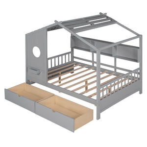 English Elm Wooden Full Size House Bed with Roof and Built-In Shelf, 2 Underbed Drawers, Sturdy Pine Frame 78" L Gray 57 L x 18.2 W x 6 H N733S308487E