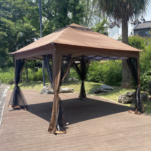 English Elm Outdoor 11x11 Ft Gazebo Canopy with Double-Tier Ventilated Roof, Removable Mesh, Sandbags Brown W419104362