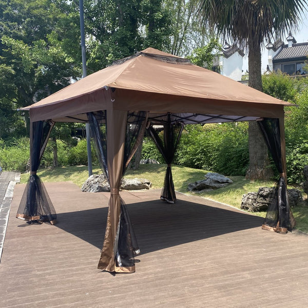 English Elm Outdoor 11x11 Ft Gazebo Canopy with Double-Tier Ventilated Roof, Removable Mesh, Sandbags Brown W419104362