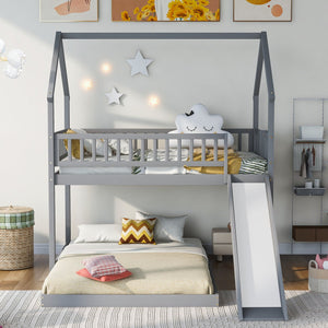 English Elm Twin Pine Twin-over-Full Bunk Bed with Slide and Built-In Ladder, Full-Length Guardrails, Sturdy Dorm Style Gray GX000430AAE