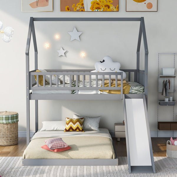 English Elm Twin Pine Twin-over-Full Bunk Bed with Slide and Built-In Ladder, Full-Length Guardrails, Sturdy Dorm Style Gray GX000430AAE