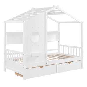 English Elm Wooden Twin House Bed with Roof and Built-In Shelf Plus Two Underbed Drawers for Kids Playful Retreat White 41.65 L x 18.25 W x 6 H N733S308483K