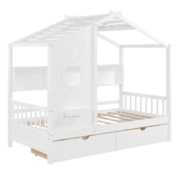 English Elm Wooden Twin House Bed with Roof and Built-In Shelf Plus Two Underbed Drawers for Kids Playful Retreat White 41.65 L x 18.25 W x 6 H N733S308483K