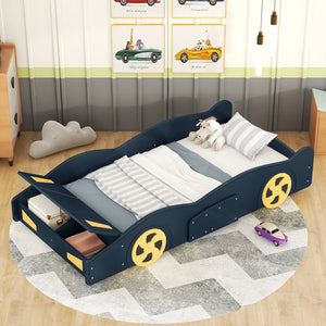 English Elm Twin Race Car-Shaped Platform Bed with Wheels, Built-In Storage & Safety Rails for Kids Dark Blue WF305759AAC