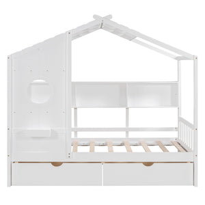 English Elm Wooden Twin House Bed with Roof and Built-In Shelf Plus Two Underbed Drawers for Kids Playful Retreat White 41.65 L x 18.25 W x 6 H N733S308483K