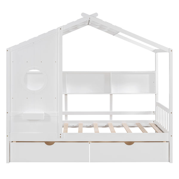 English Elm Wooden Twin House Bed with Roof and Built-In Shelf Plus Two Underbed Drawers for Kids Playful Retreat White 41.65 L x 18.25 W x 6 H N733S308483K