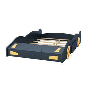 English Elm Full Full Size Race Car-Shaped Platform Bed with Wheels, Built-In Storage, Safety Rails, 400lb Capacity Dark Blue WF305760AAC
