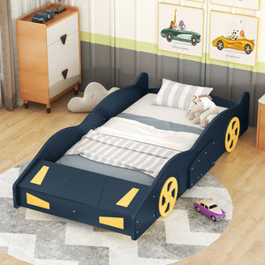 English Elm Twin Race Car-Shaped Platform Bed with Wheels, Built-In Storage & Safety Rails for Kids Dark Blue WF305759AAC
