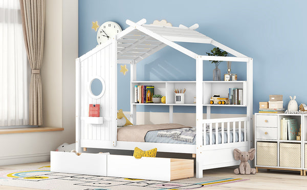 English Elm Wooden Twin House Bed with Roof and Built-In Shelf Plus Two Underbed Drawers for Kids Playful Retreat White 41.65 L x 18.25 W x 6 H N733S308483K