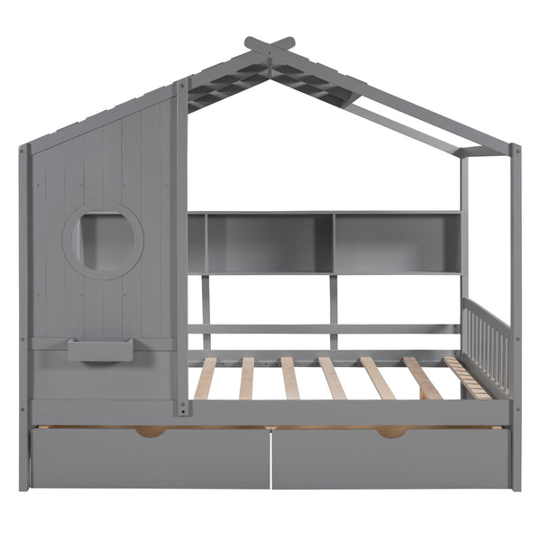 English Elm Wooden Full Size House Bed with Roof and Built-In Shelf, 2 Underbed Drawers, Sturdy Pine Frame 78" L Gray 57 L x 18.2 W x 6 H N733S308487E