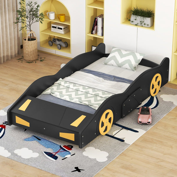 English Elm Twin Race Car-Shaped Platform Bed with Wheels, Built-In Storage & Safety Rails for Kids Black WF305759AAB