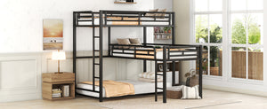 English Elm L-shaped Metal Triple Twin Bunk Bed Black with Integrated Ladder, Full-Guardrails, Metal Slats, No Box Spring Needed MF285891AAB