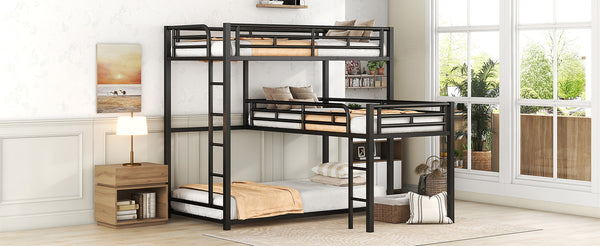 English Elm L-shaped Metal Triple Twin Bunk Bed Black with Integrated Ladder, Full-Guardrails, Metal Slats, No Box Spring Needed MF285891AAB