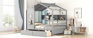 English Elm Wooden Full Size House Bed with Roof and Built-In Shelf, 2 Underbed Drawers, Sturdy Pine Frame 78" L Gray 57 L x 18.2 W x 6 H N733S308487E